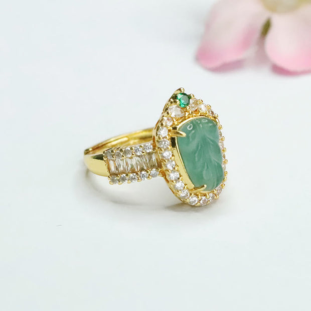 Buddha Stones Plated Gold Natural Jade Leaf Full Diamond Luck Adjustable Ring