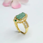 Buddha Stones Plated Gold Natural Jade Leaf Full Diamond Luck Adjustable Ring