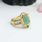 Buddha Stones Plated Gold Natural Jade Leaf Full Diamond Luck Adjustable Ring