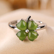 Buddha Stones 925 Sterling Silver Plated Gold Clover Hetian Cyan Jade Abundance Adjustable Ring Ring BS 11