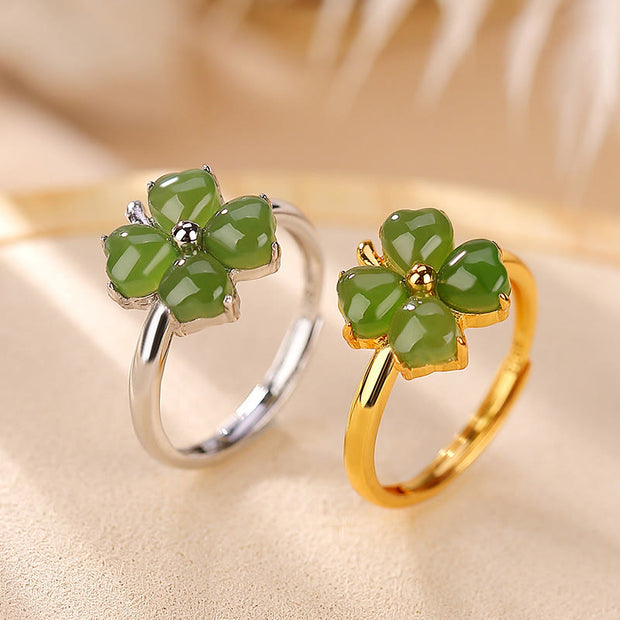 Buddha Stones 925 Sterling Silver Plated Gold Clover Hetian Cyan Jade Abundance Adjustable Ring Ring BS main