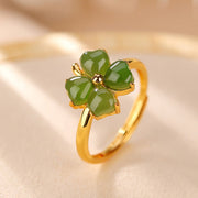 Buddha Stones 925 Sterling Silver Plated Gold Clover Hetian Cyan Jade Abundance Adjustable Ring