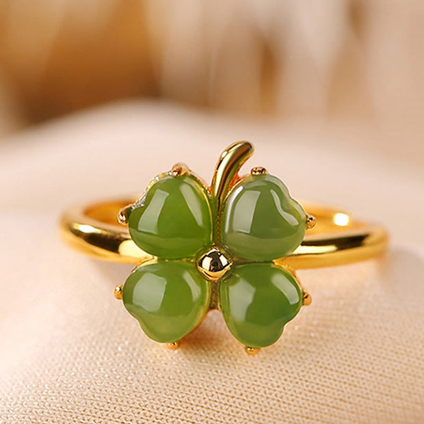 Buddha Stones 925 Sterling Silver Plated Gold Clover Hetian Cyan Jade Abundance Adjustable Ring Ring BS 3