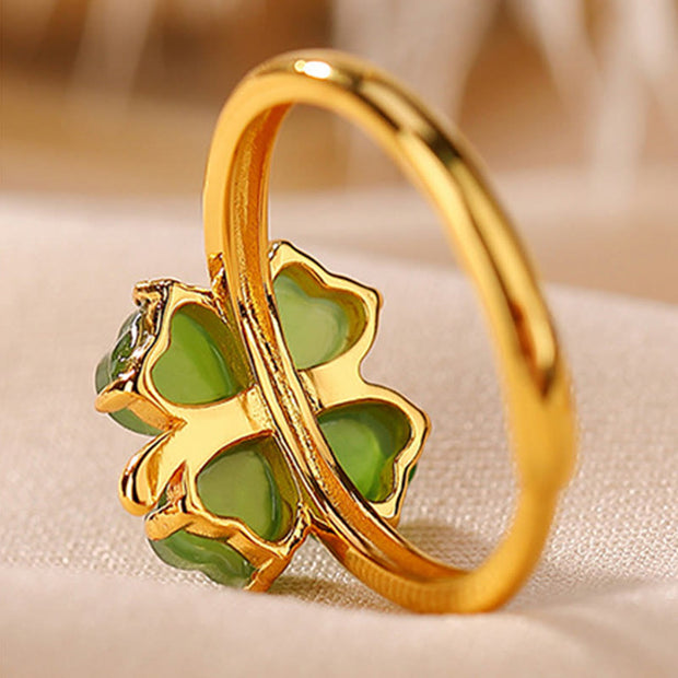 Buddha Stones 925 Sterling Silver Plated Gold Clover Hetian Cyan Jade Abundance Adjustable Ring Ring BS 7