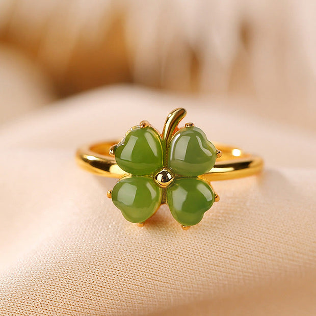 Buddha Stones 925 Sterling Silver Plated Gold Clover Hetian Cyan Jade Abundance Adjustable Ring Ring BS 6