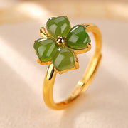 Buddha Stones 925 Sterling Silver Plated Gold Clover Hetian Cyan Jade Abundance Adjustable Ring Ring BS 925 Sterling Silver Plated Gold(Circumference: 54-60mm)