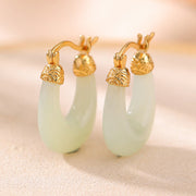 Buddha Stones 925 Sterling Silver Plated Gold Hetian Jade U-shaped Abundance Luck Earrings