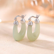 Buddha Stones 925 Sterling Silver Plated Gold Hetian Jade U-shaped Abundance Luck Earrings