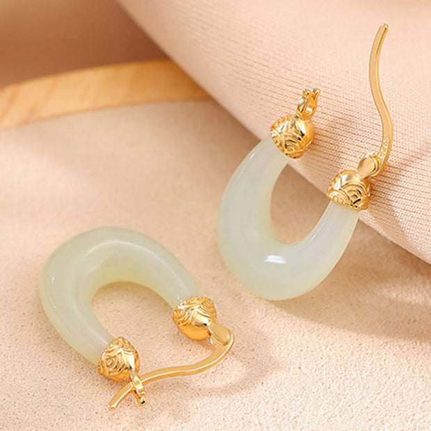 Buddha Stones 925 Sterling Silver Plated Gold Hetian Jade U-shaped Abundance Luck Earrings