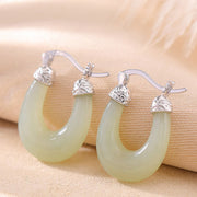 Buddha Stones 925 Sterling Silver Plated Gold Hetian Jade U-shaped Abundance Luck Earrings