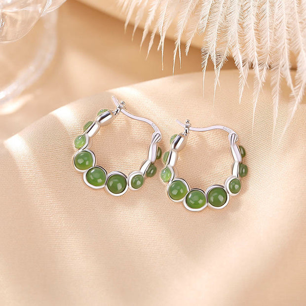 Buddha Stones 925 Sterling Silver Plated Gold Hetian Cyan Jade Pea Ear Clip Prosperity Earrings Earrings BS 11