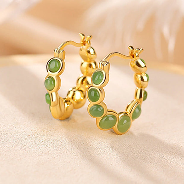 Buddha Stones 925 Sterling Silver Plated Gold Hetian Cyan Jade Pea Ear Clip Prosperity Earrings