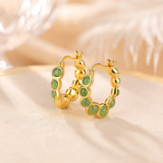 Buddha Stones 925 Sterling Silver Plated Gold Hetian Cyan Jade Pea Ear Clip Prosperity Earrings