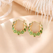 Buddha Stones 925 Sterling Silver Plated Gold Hetian Cyan Jade Pea Ear Clip Prosperity Earrings