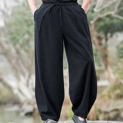 Buddha Stones Plain Casual Linen Bloomer Men's Pants With Pockets