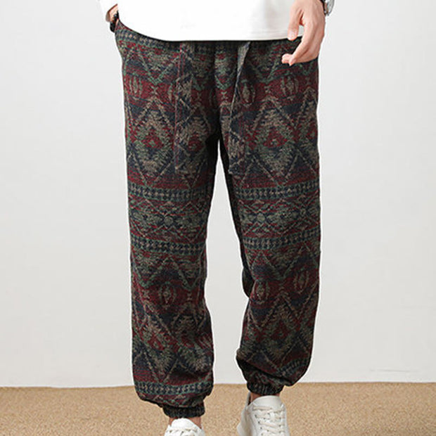 Buddha Stones Jacquard Knitting Casual Cotton Men's Pants With Pockets