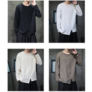 Buddha Stones Solid Color Loose Long Sleeve Round Neck Cotton Men's Shirts Men's Shirts BS 44