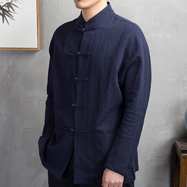 Buddha Stones Solid Color Casual Frog-button Men's Shirt Clothing - image 10