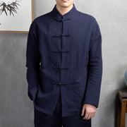 Buddha Stones Solid Color Casual Frog-button Linen Men's Shirt Clothing