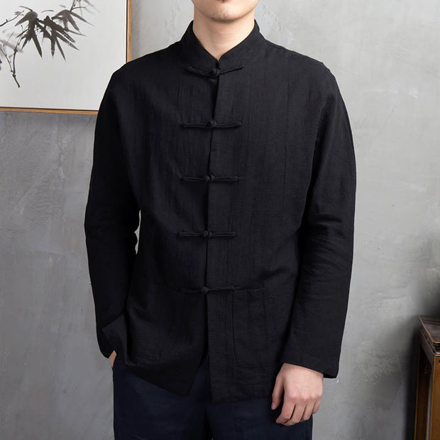 Buddha Stones Solid Color Casual Frog-button Men's Shirt Clothing - image 20