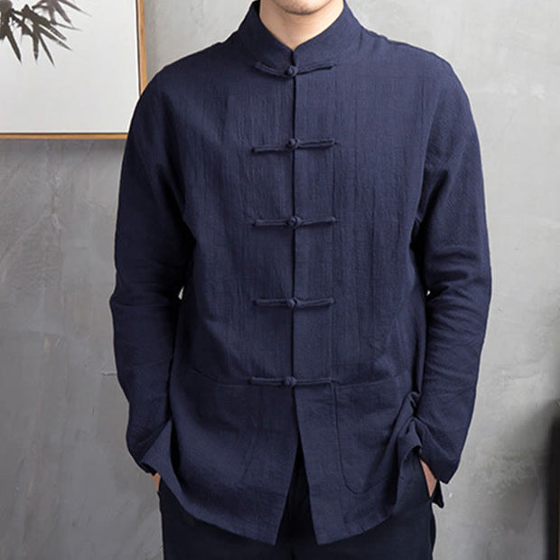Buddha Stones Solid Color Casual Frog-button Men's Shirt Clothing - image 8