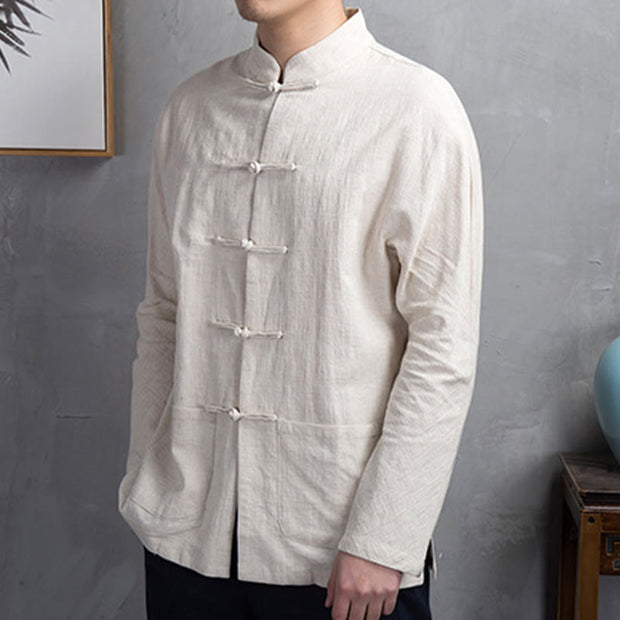 Buddha Stones Solid Color Casual Frog-button Linen Men's Shirt Clothing