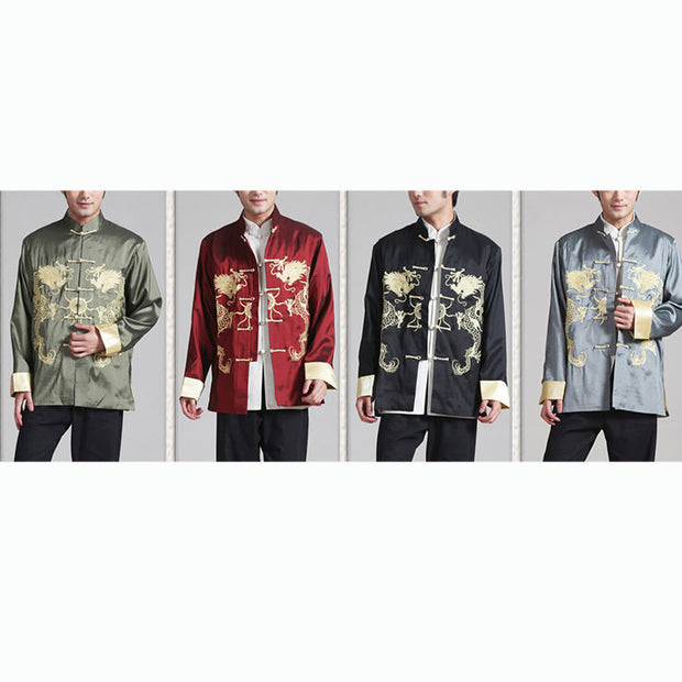 Buddha Stones Embroider Dragon Turned Sleeves Casual Frog-button Polyester Fiber Men's Jacket Shirt Pants Clothing Men's Jacket Shirt BS 21