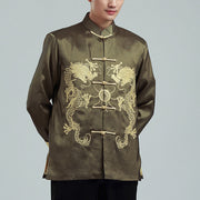 Buddha Stones Embroider Dragon Turned Sleeves Casual Frog-button Polyester Fiber Men's Jacket Shirt Pants Clothing