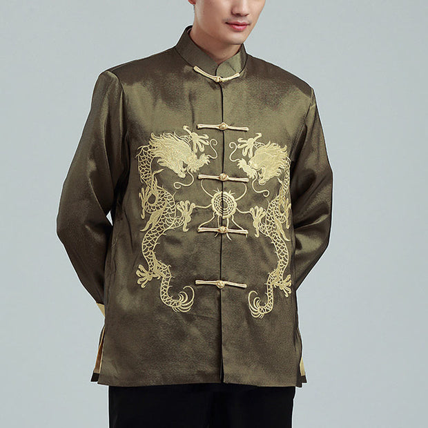 Buddha Stones Embroider Dragon Turned Sleeves Casual Frog-button Polyester Fiber Men's Jacket Shirt Pants Clothing Men's Jacket Shirt BS 19