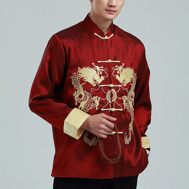 Buddha Stones Embroider Dragon Turned Sleeves Casual Frog-button Polyester Fiber Men's Jacket Shirt Pants Clothing Men's Jacket Shirt BS DarkRed(Fleece) US/UK/AU42，EU52 (3XL)