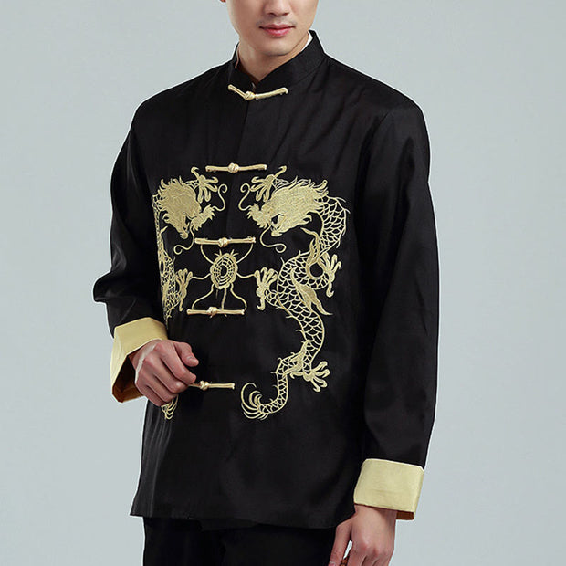 Buddha Stones Embroider Dragon Turned Sleeves Casual Frog-button Polyester Fiber Men's Jacket Shirt Pants Clothing Men's Jacket Shirt BS Black(Fleece) US/UK/AU42，EU52 (3XL)