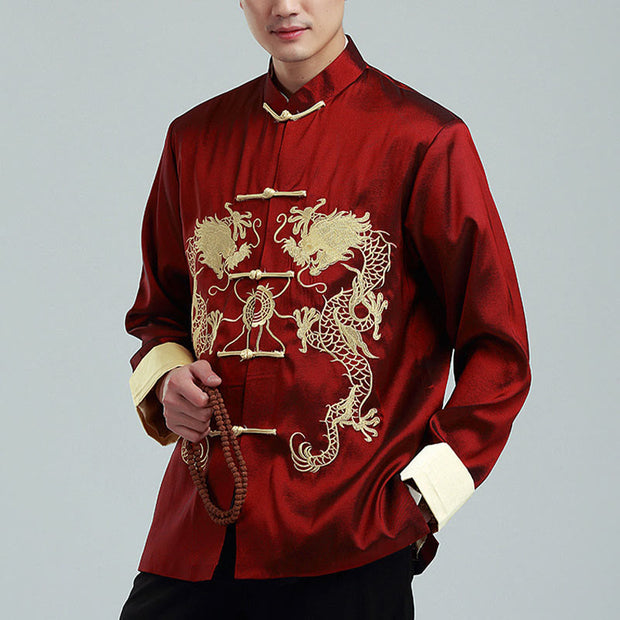 Buddha Stones Embroider Dragon Turned Sleeves Casual Frog-button Polyester Fiber Men's Jacket Shirt Pants Clothing Men's Jacket Shirt BS 1