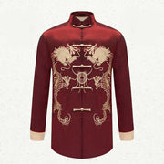 Buddha Stones Embroider Dragon Turned Sleeves Casual Frog-button Polyester Fiber Men's Jacket Shirt Pants Clothing