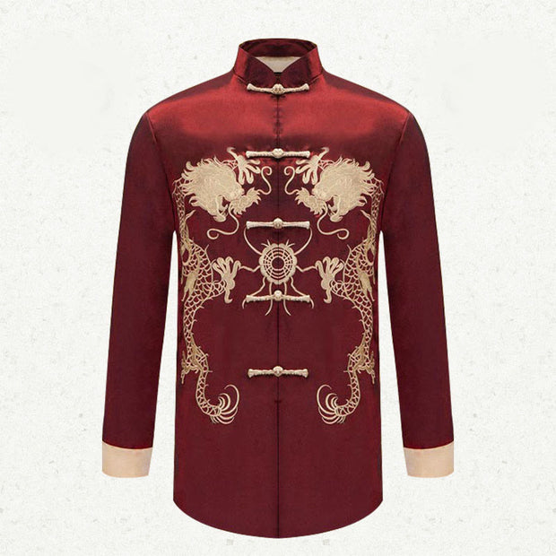 Buddha Stones Embroider Dragon Turned Sleeves Casual Frog-button Polyester Fiber Men's Jacket Shirt Pants Clothing Men's Jacket Shirt BS 6