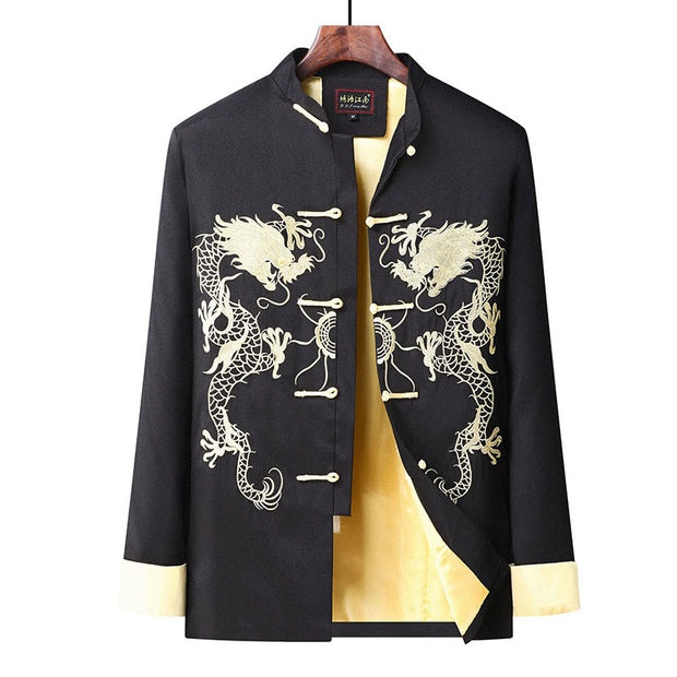 Buddha Stones Embroider Dragon Turned Sleeves Casual Frog-button Polyester Fiber Men's Jacket Shirt Pants Clothing Men's Jacket Shirt BS 16