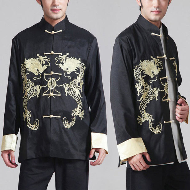 Buddha Stones Embroider Dragon Turned Sleeves Casual Frog-button Polyester Fiber Men's Jacket Shirt Pants Clothing Men's Jacket Shirt BS 15