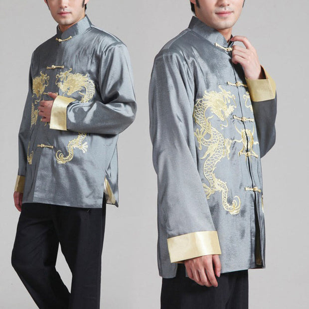 Buddha Stones Embroider Dragon Turned Sleeves Casual Frog-button Polyester Fiber Men's Jacket Shirt Pants Clothing Men's Jacket Shirt BS Gray US/UK/AU42，EU52 (3XL)