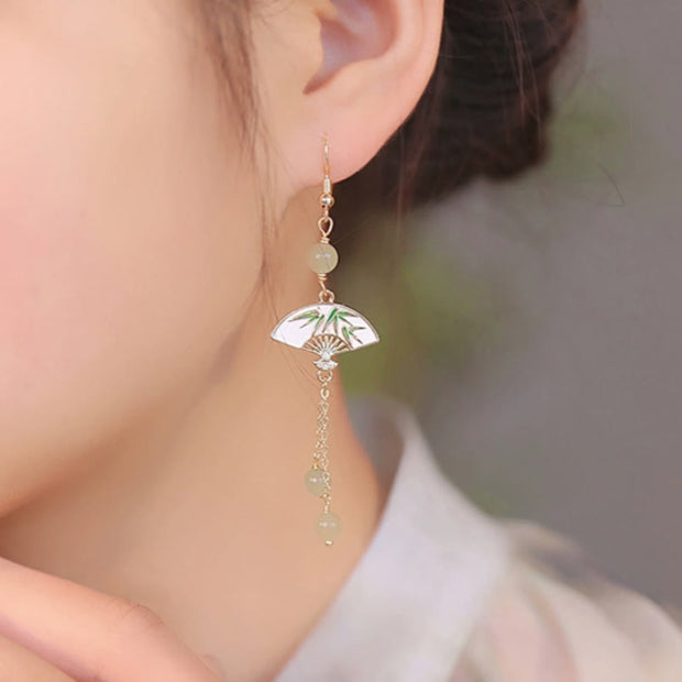 FREE Today: Prosperity Abundance 14K Gold Filled Copper Jade Fan Bamboo Earrings