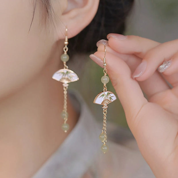 FREE Today: Prosperity Abundance 14K Gold Filled Copper Jade Fan Bamboo Earrings