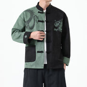 Buddha Stones Dragon Embroidery Casual Frog-button Cotton Men's Jacket Shirt Clothing