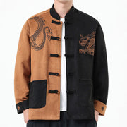 Buddha Stones Dragon Embroidery Casual Frog-button Cotton Men's Jacket Shirt Clothing Men's Jacket Shirt BS SandyBrown US/UK/AU46，EU56 (5XL)