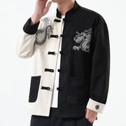 Buddha Stones Dragon Embroidery Casual Frog-button Cotton Men's Jacket Shirt Clothing