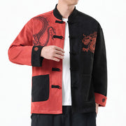 Buddha Stones Dragon Embroidery Casual Frog-button Cotton Men's Jacket Shirt Clothing