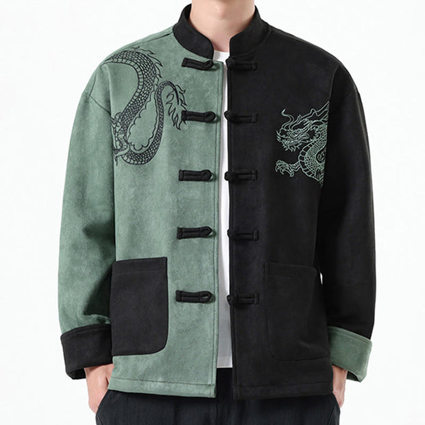 Buddha Stones Dragon Embroidery Casual Frog-button Cotton Men's Jacket Shirt Clothing Men's Jacket Shirt BS MediumSeaGreen US/UK/AU46，EU56 (5XL)