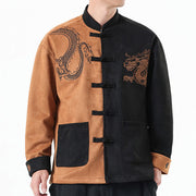 Buddha Stones Dragon Embroidery Casual Frog-button Cotton Men's Jacket Shirt Clothing