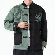 Buddha Stones Dragon Embroidery Casual Frog-button Cotton Men's Jacket Shirt Clothing