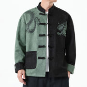 Buddha Stones Dragon Embroidery Casual Frog-button Cotton Men's Jacket Shirt Clothing