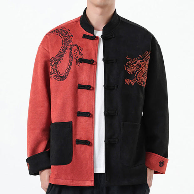 Buddha Stones Dragon Embroidery Casual Frog-button Cotton Men's Jacket Shirt Clothing Men's Jacket Shirt BS LightCoral US/UK/AU46，EU56 (5XL)