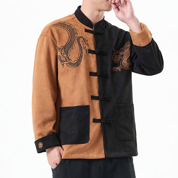 Buddha Stones Dragon Embroidery Casual Frog-button Cotton Men's Jacket Shirt Clothing Men's Jacket Shirt BS 30