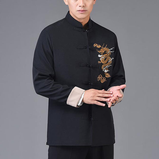 Buddha Stones Dragon Embroidery Frog-button Polyester Men's Jacket Shirt Clothing With Pockets